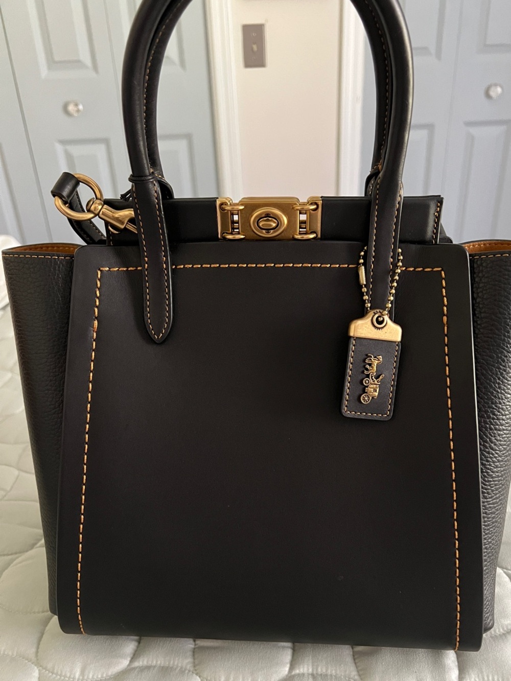 COACH Black Leather mixed leather Troupe Tote satchel with Gold-Tone Hardware